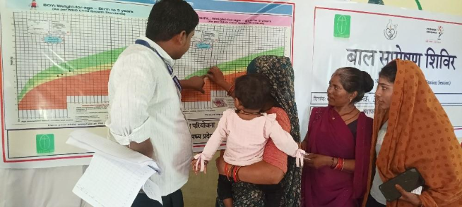 A healthcare worker explaining a growth chart to a group of women and a child during a community health camp.